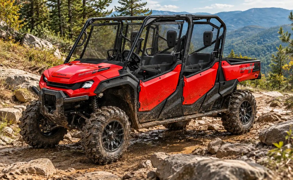 Honda Pioneer 1000-6 Deluxe Crew six-seat family side-by-side in red